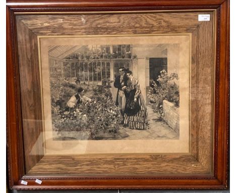 After W Dendy Sadler, a couple in a glass-house with gardener, monochrome print, signed in pencil.  45x35cm approx.  In oak m