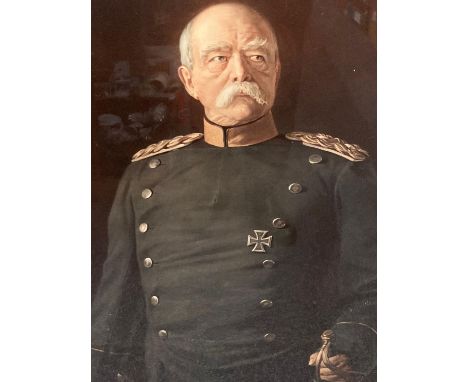 Large portrait print depicting Count Otto Von Bismark in German military uniform. 88 x 65cm approx. Ebonised frame.(B.P. 21% 