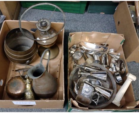 Two boxes of metalware, to include: copper ewer, copper bowl, pewter butterfly decorated faux book, brass barrel, brass oil l