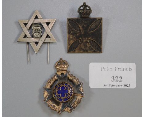 Two Army Chaplains cap badges and a Star of David with lion and crown cap badge. (3)(B.P. 21% + VAT) 