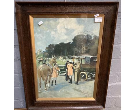 After Lionel Edwards, 'The Master of the Hunt Arriving with his Chauffeur to meet the Field', coloured print. 47x34cm approx.