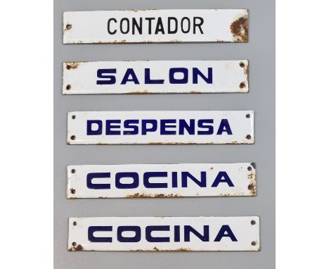 Group of five enamel room signs in Spanish, to include: 'Dispenser (pantry)', 'Coucina (kitchen)' , 'Salon (living room)' and