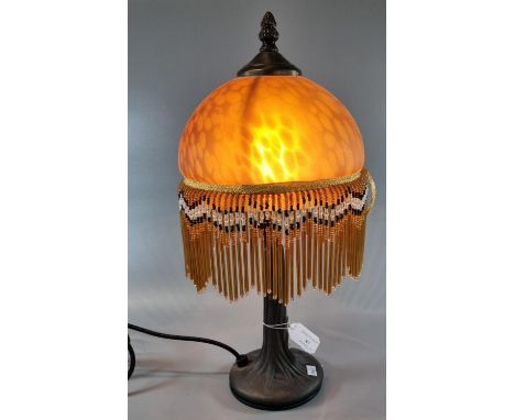 Victorian style table lamp with glass and beaded fringed shade. (B.P. 21% + VAT)The shade has an orange marble effect/finish.