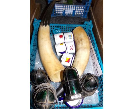 Small box of mixed items: six small enamel Navel flag mugs, pair of horns and four small McGeoch B'ham vintage, possibly mari