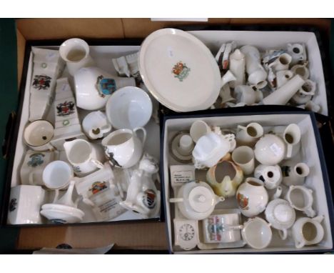 Box containing various crested ware souvenir items to include: Welsh and others; miniature teapot, miniature cheese dishes, c