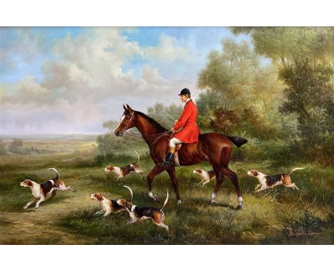 After Benjamin Lander (American 1842-1915): Fox Hunting Scene with Bay Thoroughbred and Hounds, oil on panel signed 39cm x 59