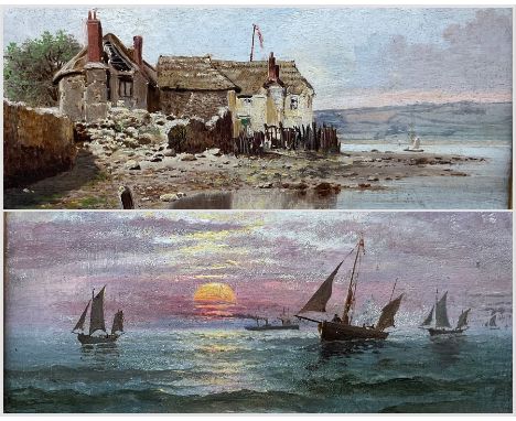 English School (Late 19th century): Sunset Sailing and Coastal Scene - Possibly of Teignmouth - Devon, pair oils on panel ind