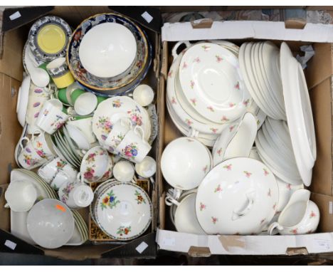 A box containing a part dinner set, decorated with rose sprays and a box of assorted usable ceramics, comprising cups, saucer