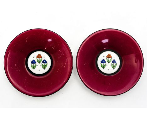 A pair of Royal Worcester pin dishes, enamelled with flowers, pink border, no. 1620, date code 1920 