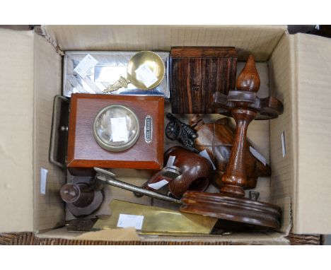 A parcel lot to include a brass Pugin style wall pocket spill holder, pipe rack, serpentine light house, toffee hammers, an e