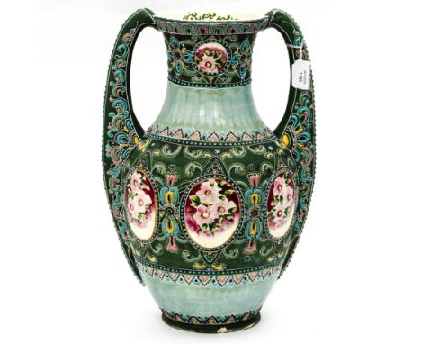 A large Japanese vase circa 1895 in the Art Nouveau movement style but with traditional European plaques of figures, 16 inche