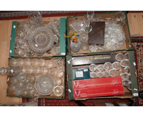 Four boxes of glassware to include boxed Cristal d'Arques, boxed Royal Crystal, Ravenshead glassware, cut glass vases, a deca