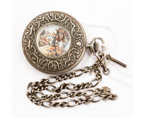 A silver 0.925 half hunter pocket watch with transfer print of a hunting scene on an enamel face, the silver outer has repous