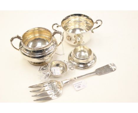 Two silver two handled bowls, Birmingham 1937 (approx 9oz) and London 1898, a Victorian serving fork, London 1880 and a silve