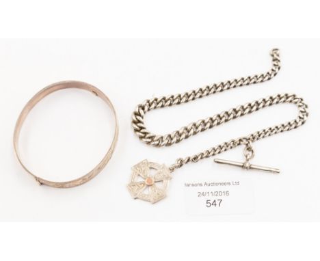 A circa 1978 bangle and a silver watch chain and medallion