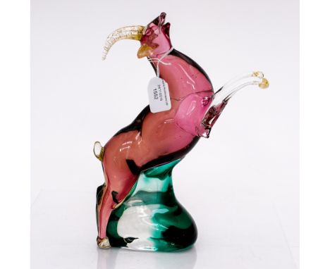 L Seguso, a Murano glass figure of a gazelle, ruby and green cased, the antlers and hooves in aventurine, signed, 27cm high