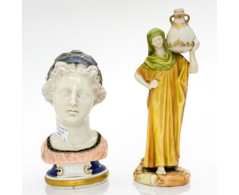 A Royal Worcester water carrier, puce mark to the base number 1250 (restored) with a Royal Worcester bust, the crown on her h