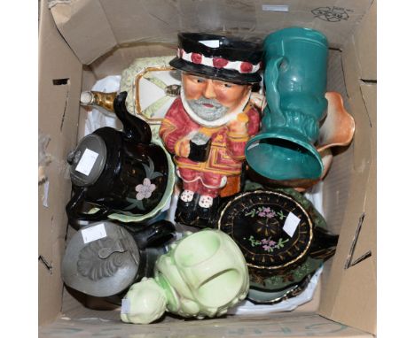 A 1930s Sadler 'Old Mother Hubbard' teapot, Jackfield teapots and wares, Corwn Devon vase, Baden Powell Jug and  'Beefeater' 