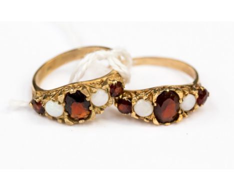 Two 9ct gold garnet and opal five stone rings, ring sizes L 1/2 and Q, 5.4 grams approx 