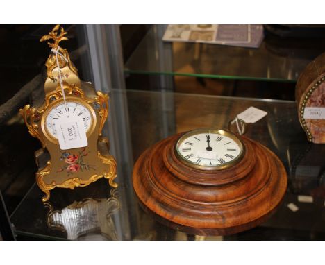 A wooden wall clock, Roman numerals with a gilt Angelus mantle clock, Roman and Arabic numerals (2) 