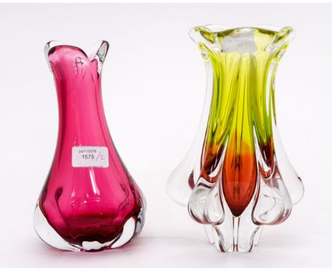 Two Czechoslovakian art glass vases, including cased rainbow vase and ruby cased vase 