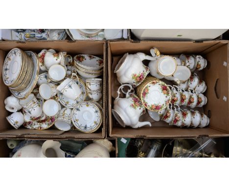 Two boxes of Royal Albert 'Old Country Roses' tea, coffee and dinnerwares, including: two teapots; coffee pot; cups; saucers;