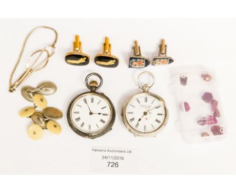 Two silver small pocket/fob watches; together with four pairs of base metal cufflinks, a tie slide and a box of small ruby ro