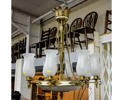 A brass eight shade ceiling light and ceiling rose