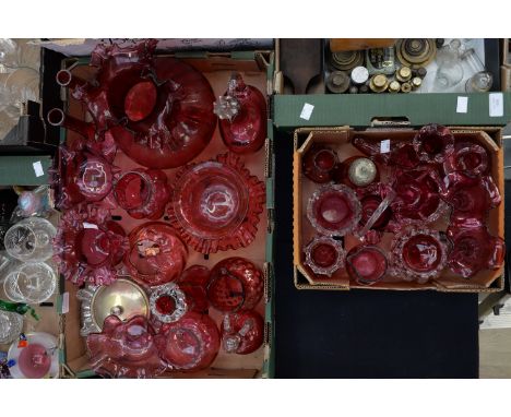 Two boxes of cranberry glass, including silver collared vases, decanter bowls, jugs, thorn vases etc 