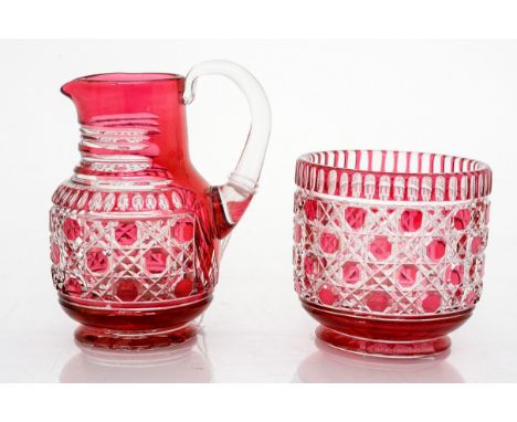 A cased ruby glass flash cut milk jug and sugar bowl, hobnail cut decoration, circa 1900, formerly the property of William Mo