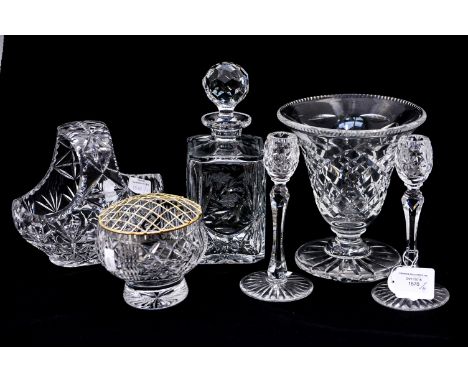 Collection of six pieces of cut glass: decanter, candle holders, Rose bowl, vase and basket