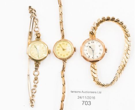 A ladies vintage 9ct gold watch on plated bracelet; together with gold plated example 