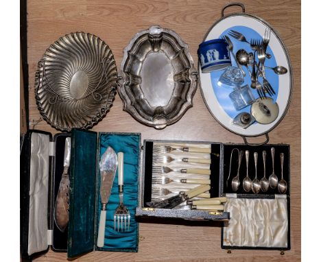 Boxed fish sewers with mother of pearl handles, boxed spoons, fish eaters, other fish sewers, a sewing tray, caddy spoon and 