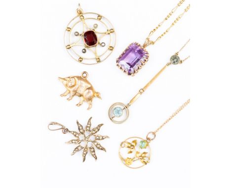 A garnet and pearl openwork circular pendant, an amethyst pendant, 9ct pig charm and three other Edwardian pendants (6)