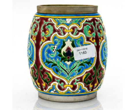 A French vase, Persian polychrome design, barrel form, Vieillard, Bordeaux, 18cms high