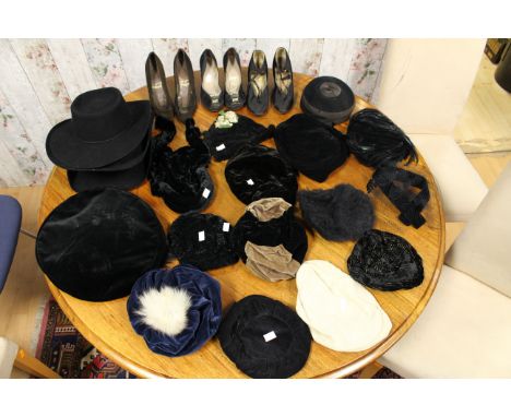 A collection of hats to include flet Sombrero, a grogran Pillbox late 1950, a velvet 1940 tie under the chin hat, a 1930 feat