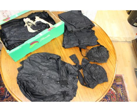 Two Victorian mourning bonnets 1890s, satin and cream lace collar, taffeta mourning apron, edged in jet and underskirt edged 