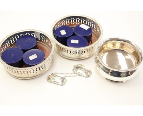 A set of six modern silver napkin rings, engraved borders, Birmingham 1977, pair of silver decanter labels 'Whisky' and 'Sher