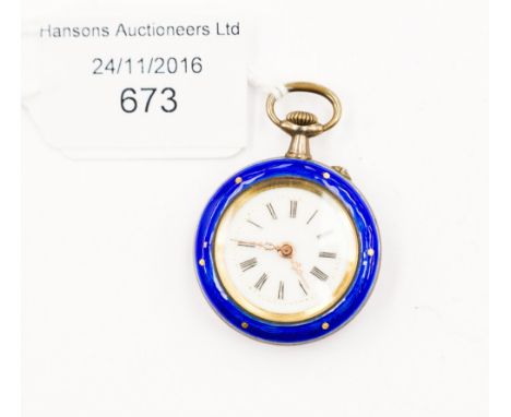A Continental enamelled pocket watch with guilloche enamel bezel and with leafage, floral scrolls to the enamel back 