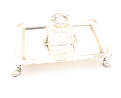 A rectangular silver ink stand with original cut glass bottle, maker William Hutton & Sons London 1899, approx 14.5cm x 10cm,