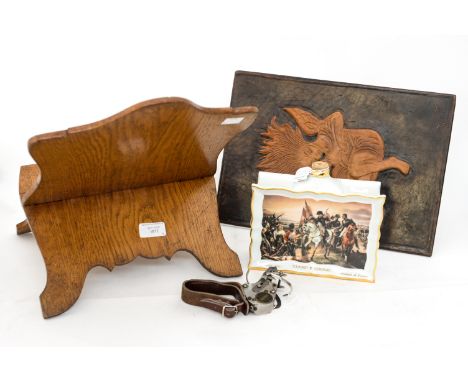 An oak novelty hinged table top picture stand with a leather embossed picture by B. Fajaudou, a Limoges Cognac decanter and a