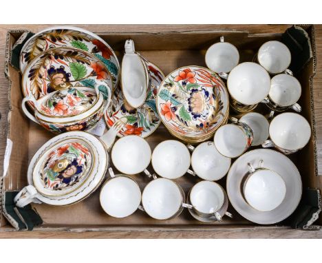 A porcelain tea service Derby circa 1805, Imari palette with large floral detail with teapot, sucre and milk, approx 42 piece