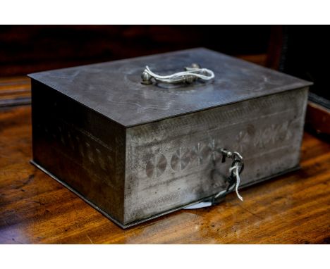 An early 19th Century polished steel metal security box, engine turned decoration to the exterior, novelty locking key combin