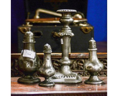 Various Pounce or pepper pots. One heavily dented. No marksProvenance Auchtertool House, Fife, One no marks, Auchtertool Hous
