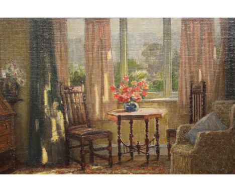 An interior Victorian scene with light through a window, oil on canvas, signed R.H.S. Arthur Spooner 