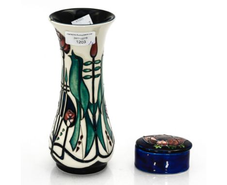 A Moorcroft trinket box with anemone pattern, and a (second) 21st Century vase (2014), impressed Moorcroft, bird and flower d