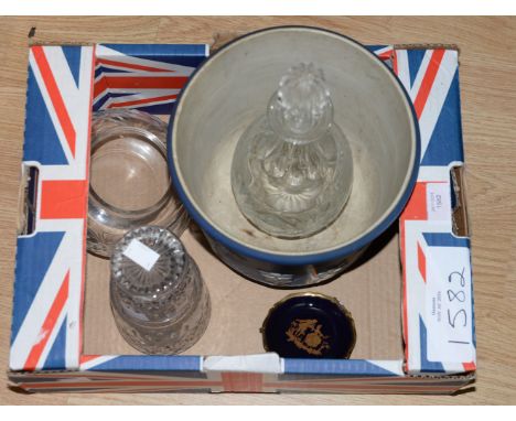 A cut glass decanter, a bedside cut glass decanter and glass and a cut glass flower bowl, together with a stoneware jardinier