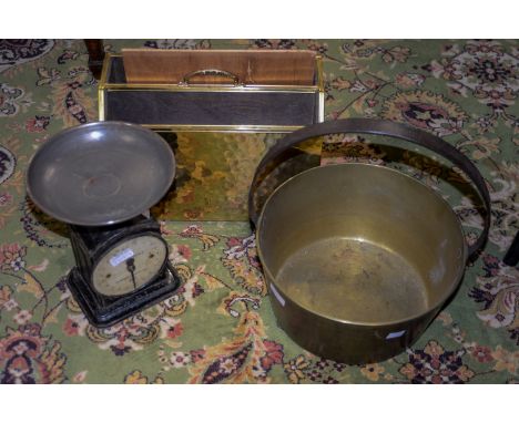 Vintage Hughes family scales - late 19th early 20th Century and a brass jam pan, and a brass covered magazine rack