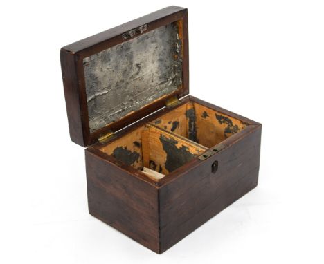 A mahogany tea caddy, two partition, still with some foil lining 