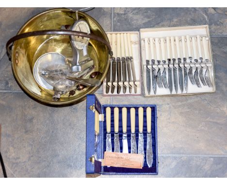 A brass pan with steel handle, a set of Salter scales and a collection of boxed cutlery, including two malayan spoons